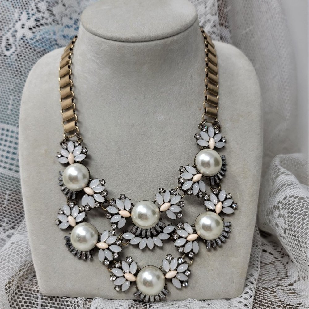 WOW Statement Necklace Rhinestone Pearl Opalized beads